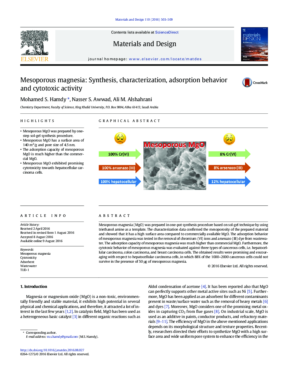 Mesoporous magnesia: Synthesis, characterization, adsorption behavior and cytotoxic activity