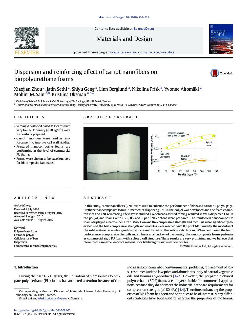 Dispersion and reinforcing effect of carrot nanofibers on biopolyurethane foams