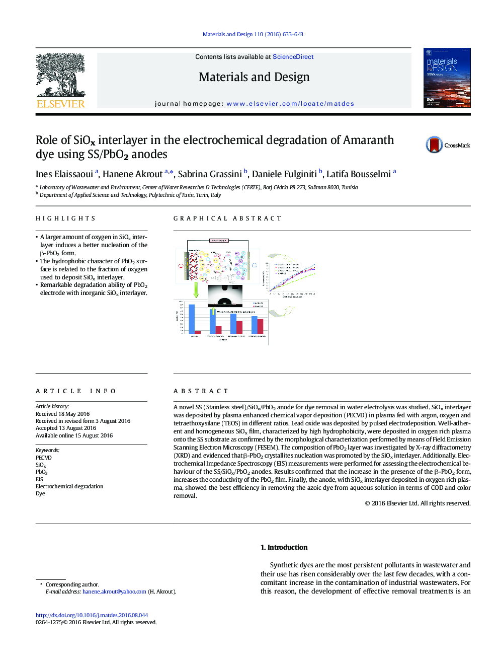 Role of SiOx interlayer in the electrochemical degradation of Amaranth dye using SS/PbO2 anodes