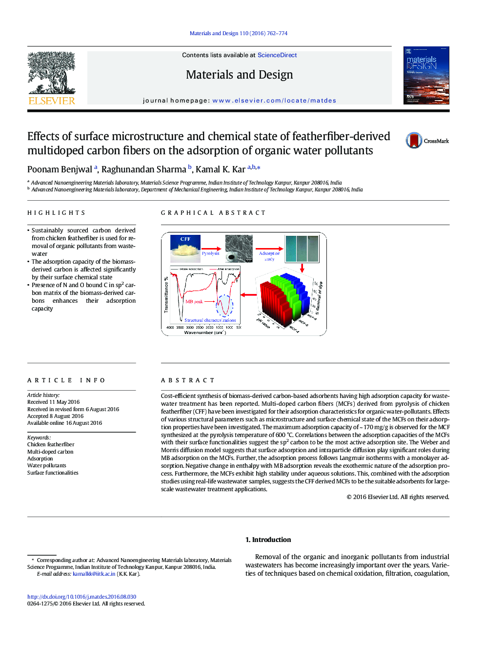 Effects of surface microstructure and chemical state of featherfiber-derived multidoped carbon fibers on the adsorption of organic water pollutants