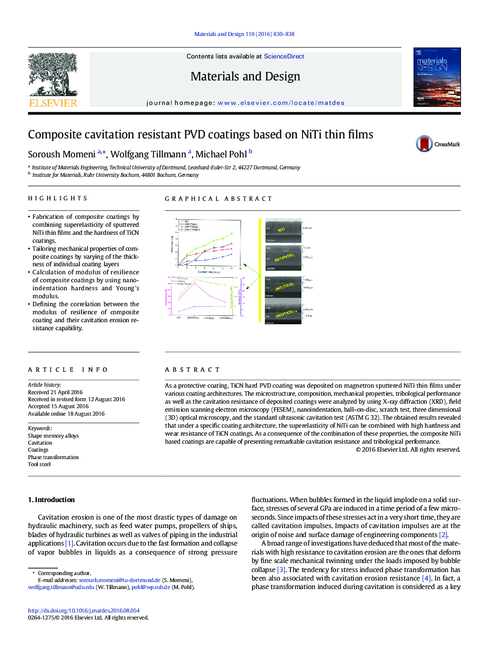 Composite cavitation resistant PVD coatings based on NiTi thin films