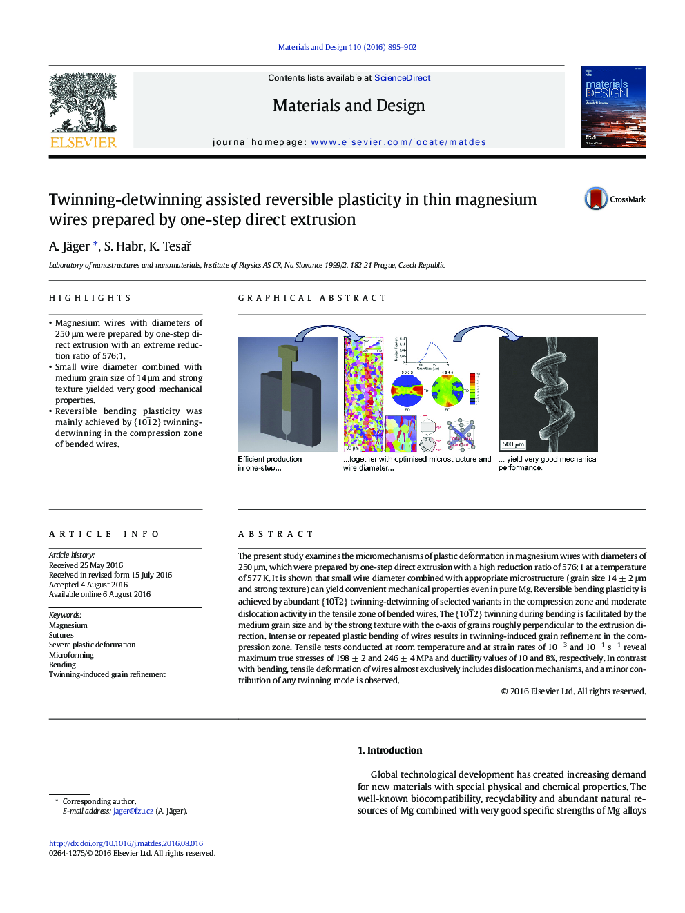 Twinning-detwinning assisted reversible plasticity in thin magnesium wires prepared by one-step direct extrusion