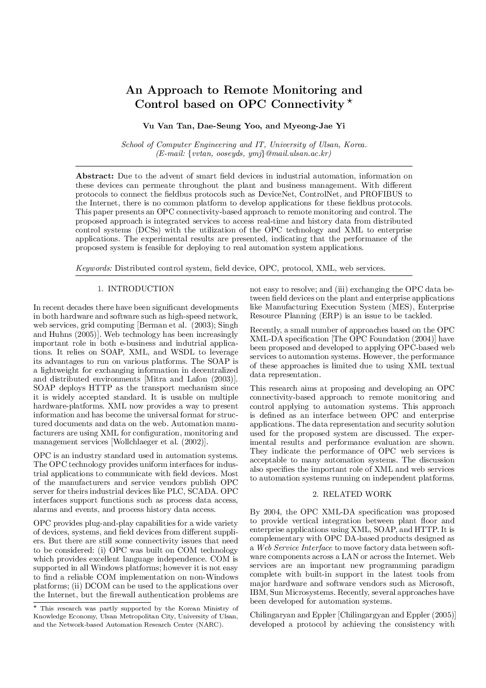 An Approach to Remote Monitoring and Control based on OPC Connectivity 