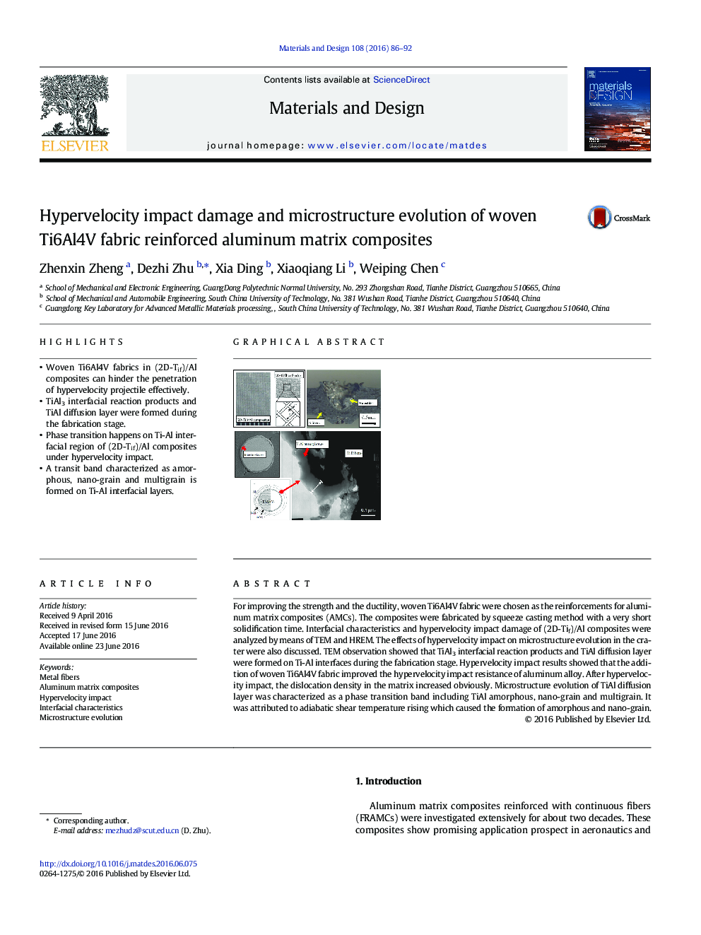 Hypervelocity impact damage and microstructure evolution of woven Ti6Al4V fabric reinforced aluminum matrix composites