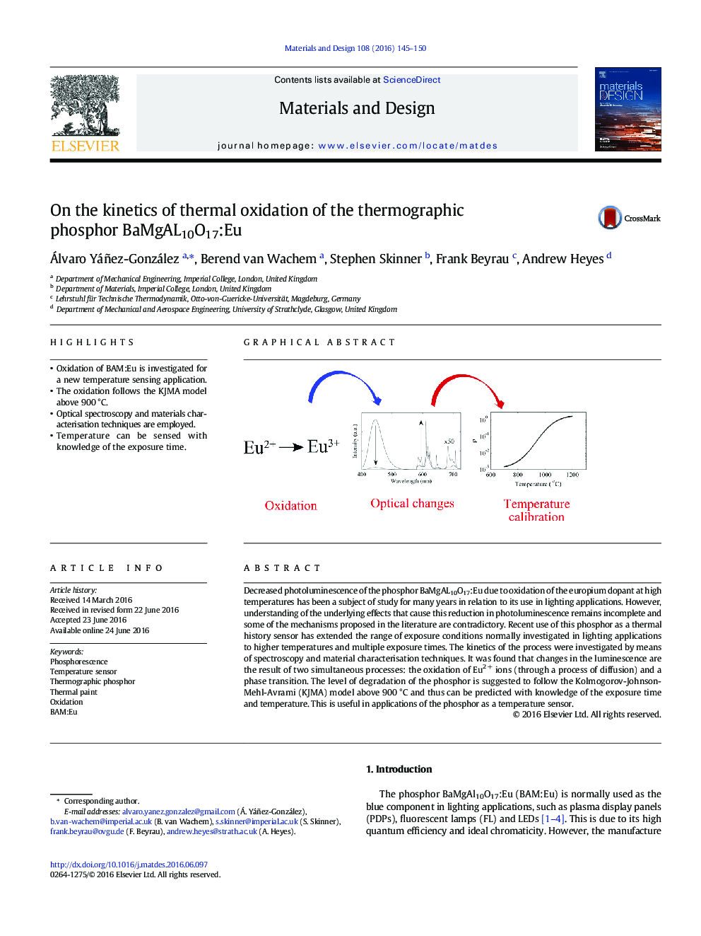 On the kinetics of thermal oxidation of the thermographic phosphor BaMgAL10O17:Eu