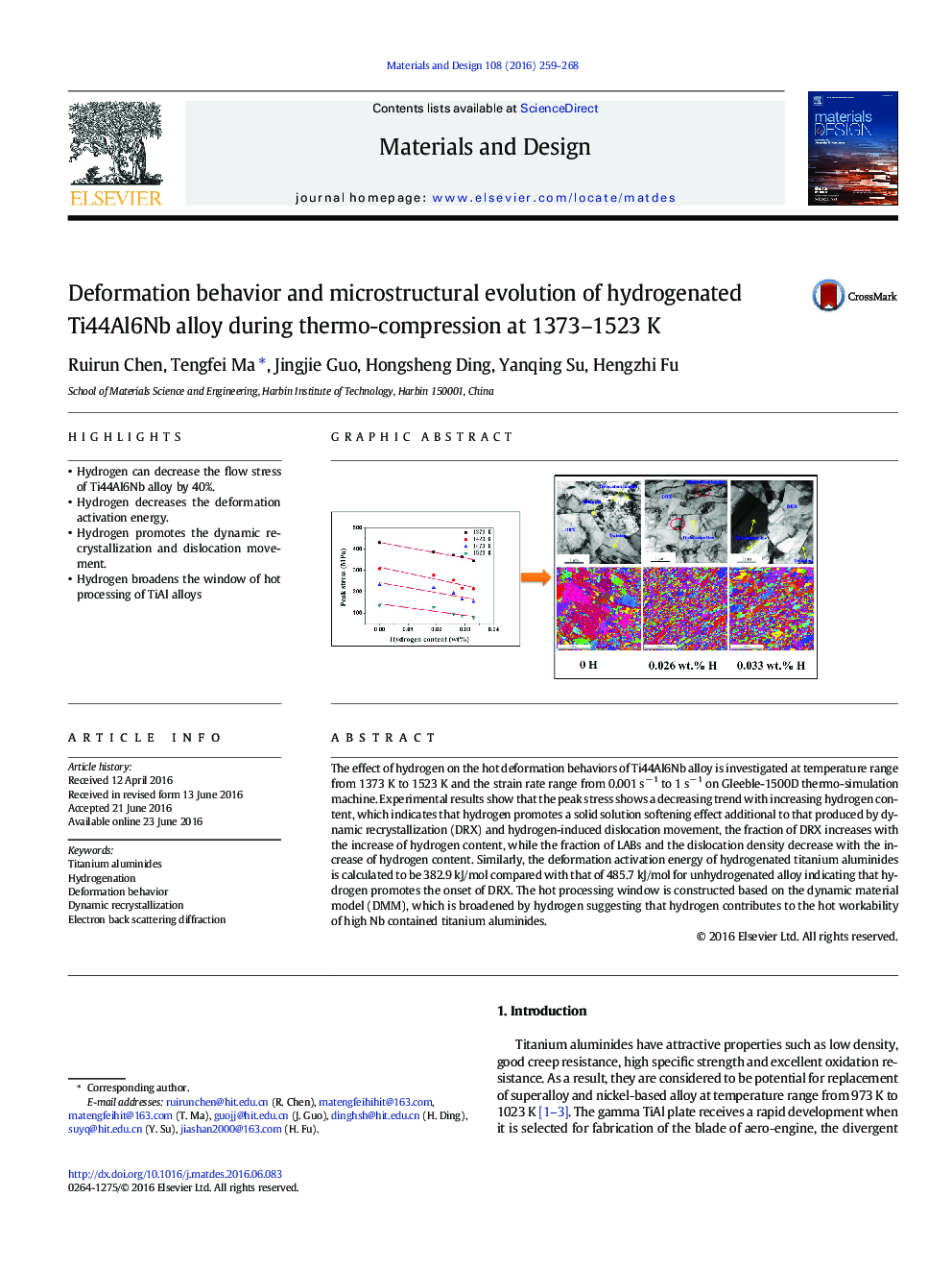 Deformation behavior and microstructural evolution of hydrogenated Ti44Al6Nb alloy during thermo-compression at 1373-1523Â K