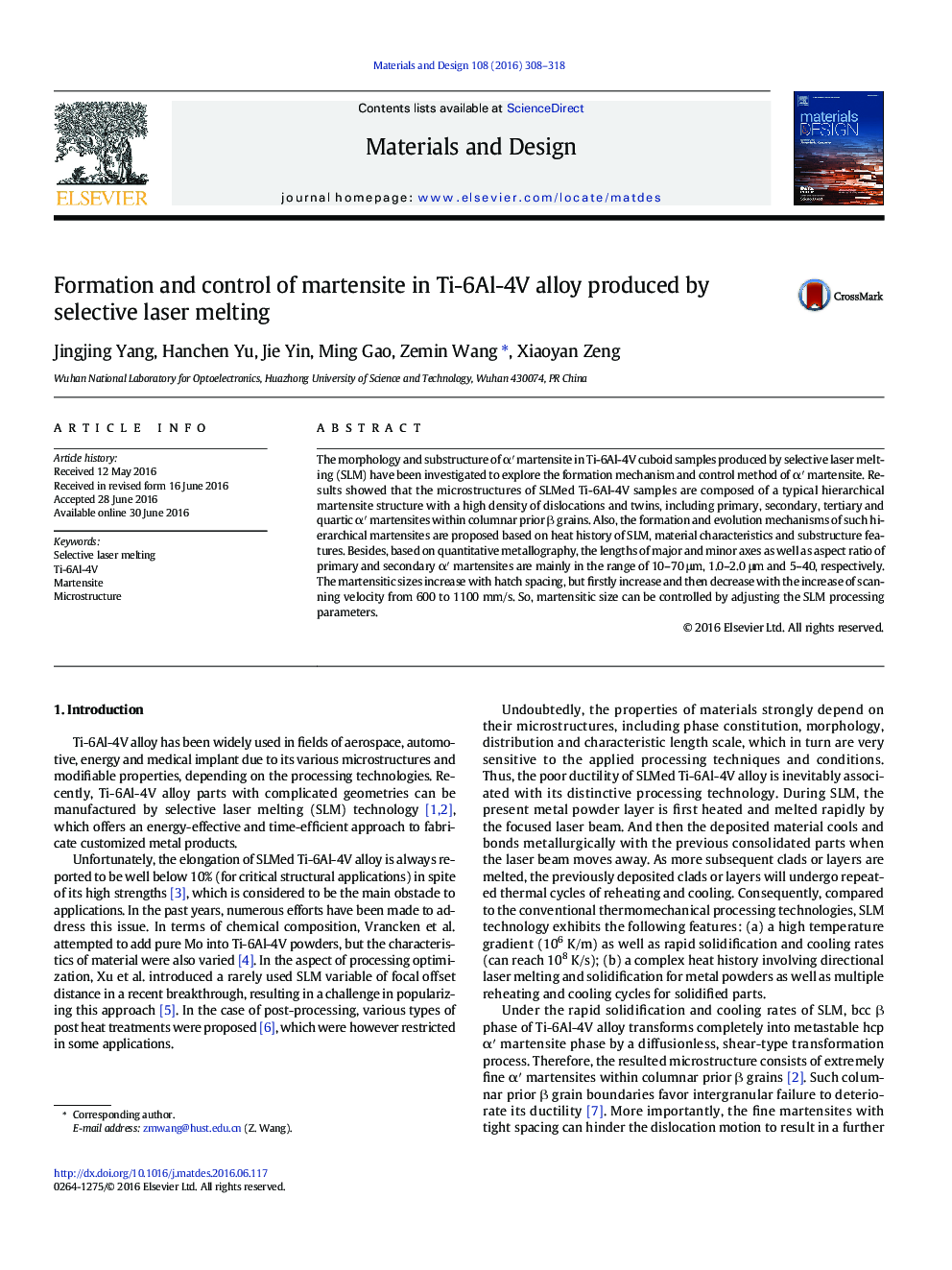 عکس صفحه اول مقاله: Formation and control of martensite in Ti-6Al-4V alloy produced by selective laser melting Formation and control of martensite in Ti-6Al-4V alloy produced by selective laser melting