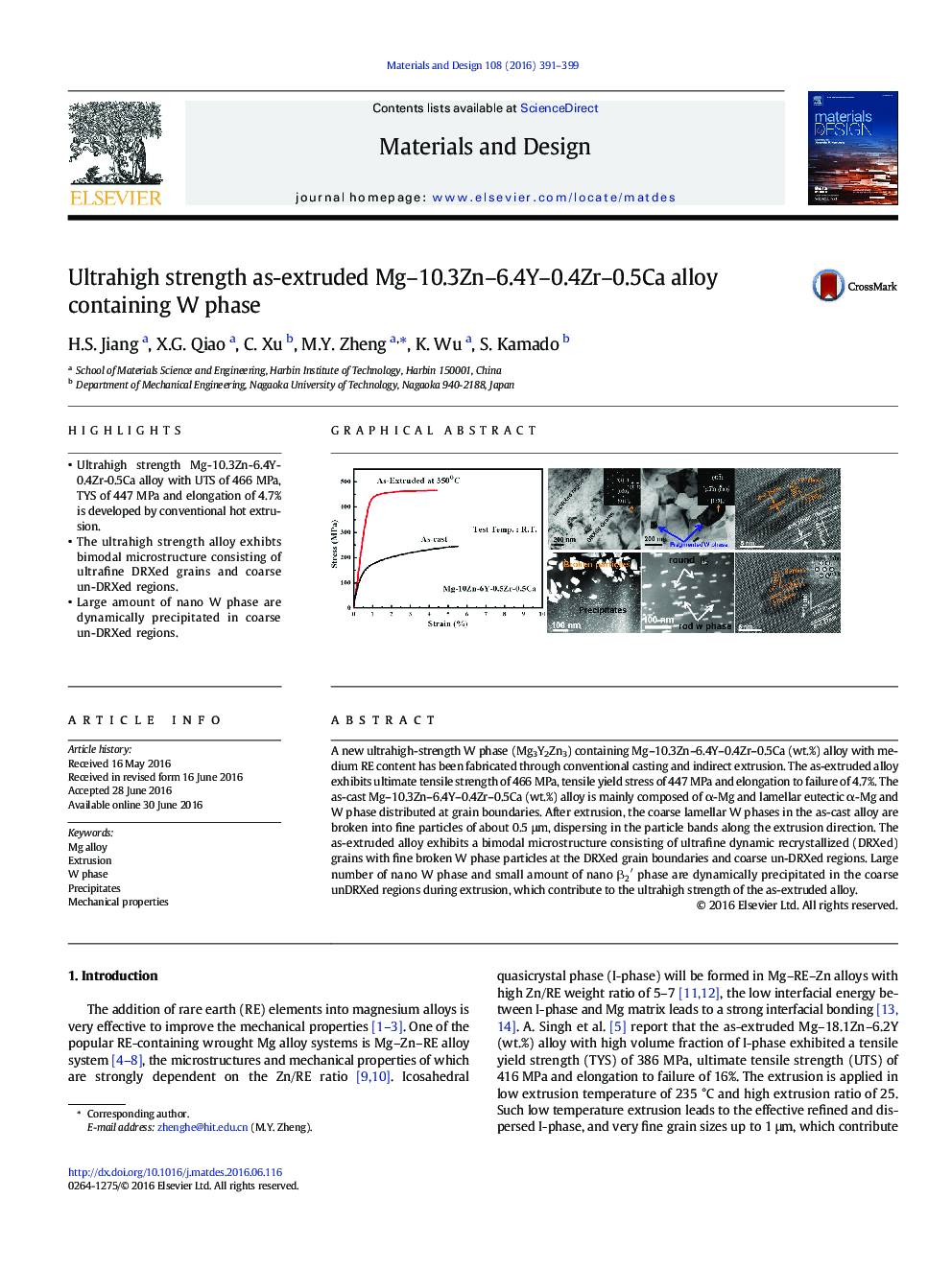 عکس صفحه اول مقاله: Ultrahigh strength as-extruded Mg-10.3Zn-6.4Y-0.4Zr-0.5Ca alloy containing W phase Ultrahigh strength as-extruded Mg-10.3Zn-6.4Y-0.4Zr-0.5Ca alloy containing W phase