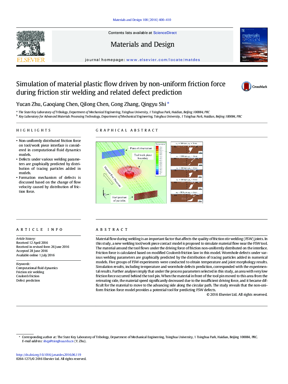 Simulation of material plastic flow driven by non-uniform friction force during friction stir welding and related defect prediction