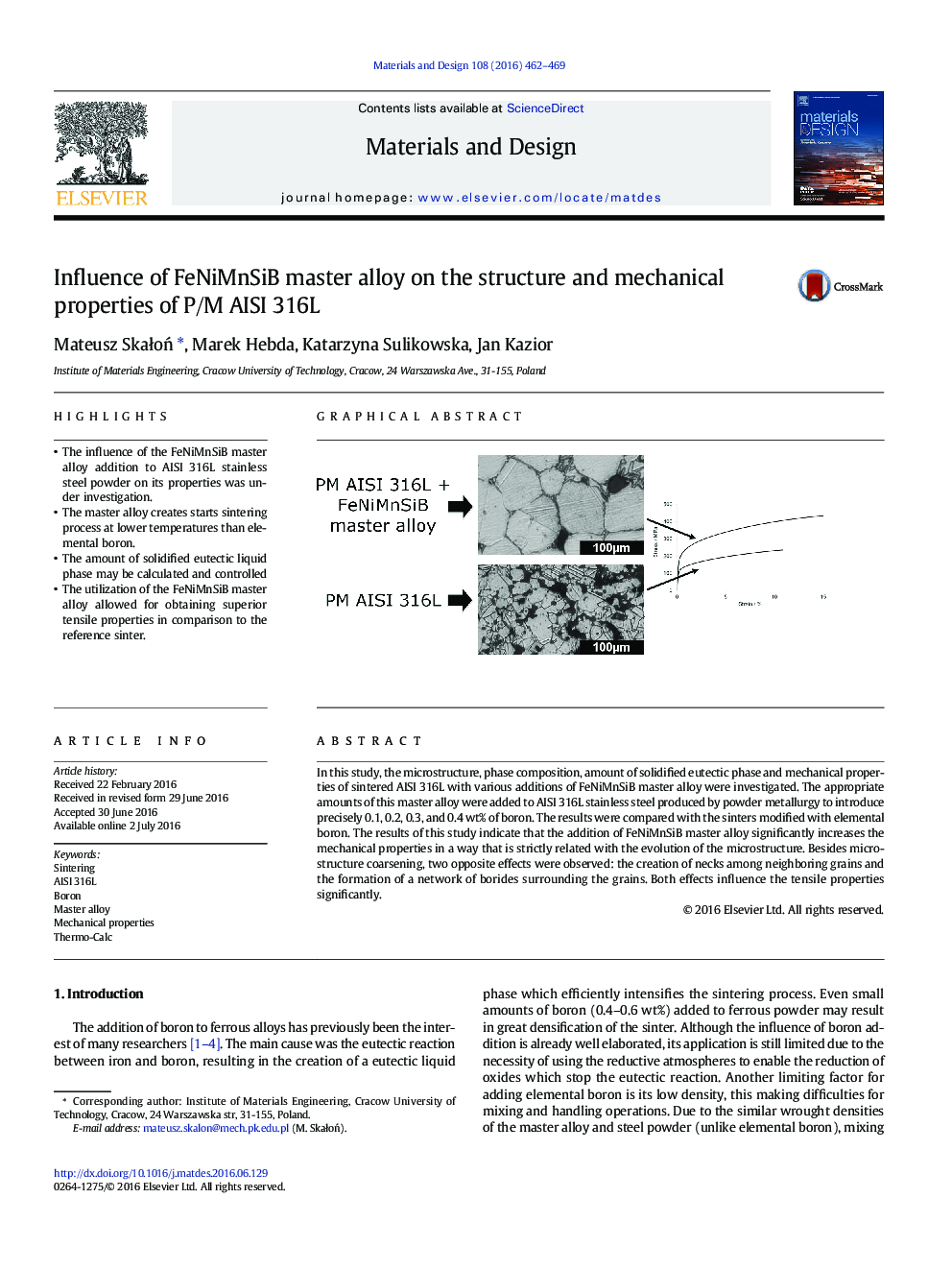 Influence of FeNiMnSiB master alloy on the structure and mechanical properties of P/M AISI 316L