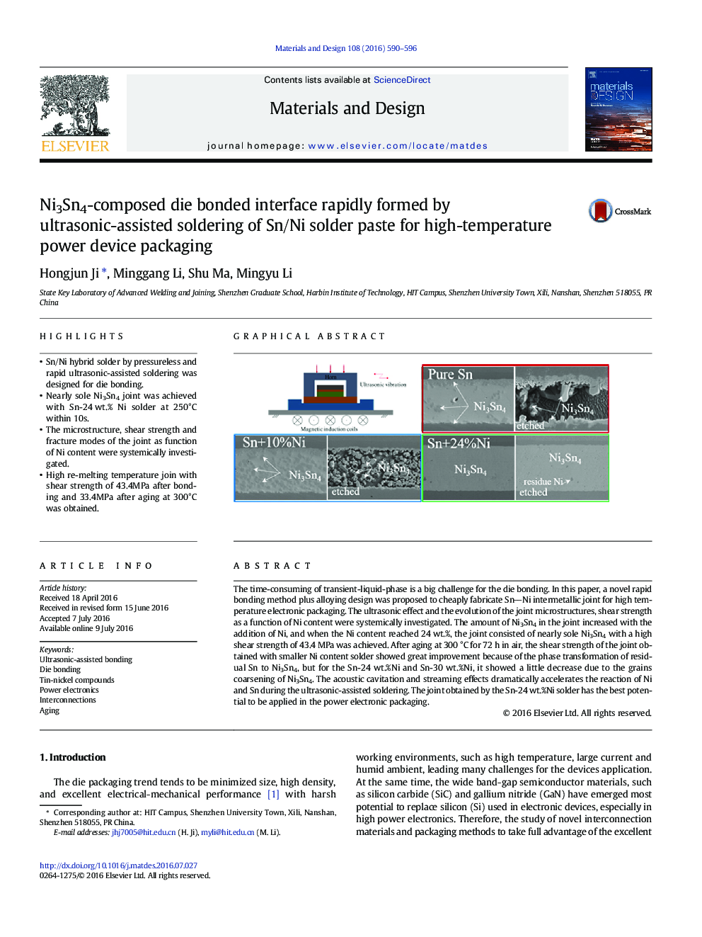 Ni3Sn4-composed die bonded interface rapidly formed by ultrasonic-assisted soldering of Sn/Ni solder paste for high-temperature power device packaging