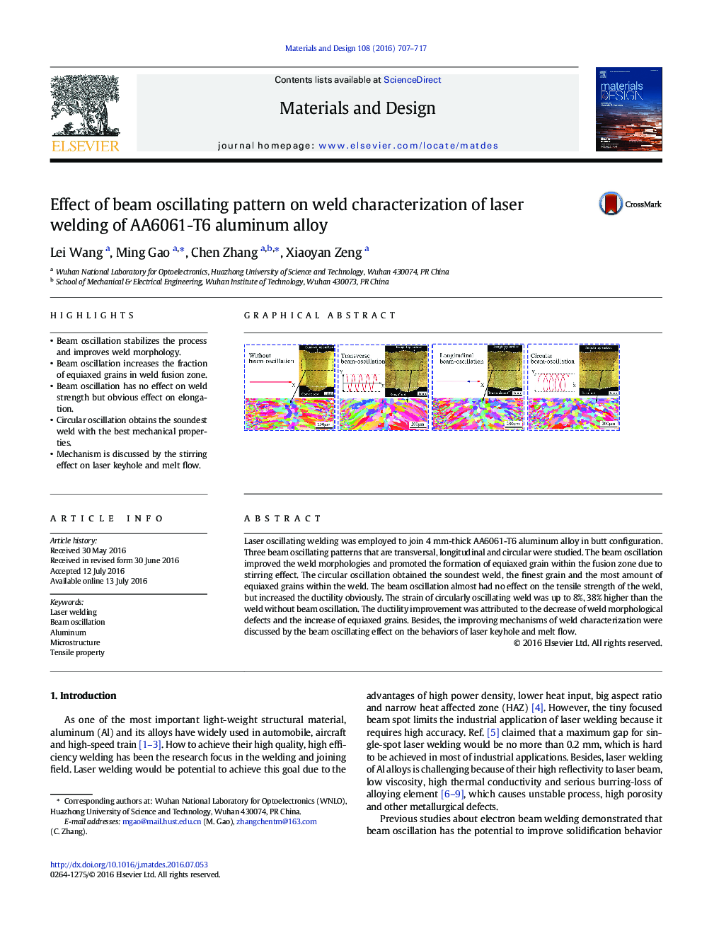 Effect of beam oscillating pattern on weld characterization of laser welding of AA6061-T6 aluminum alloy