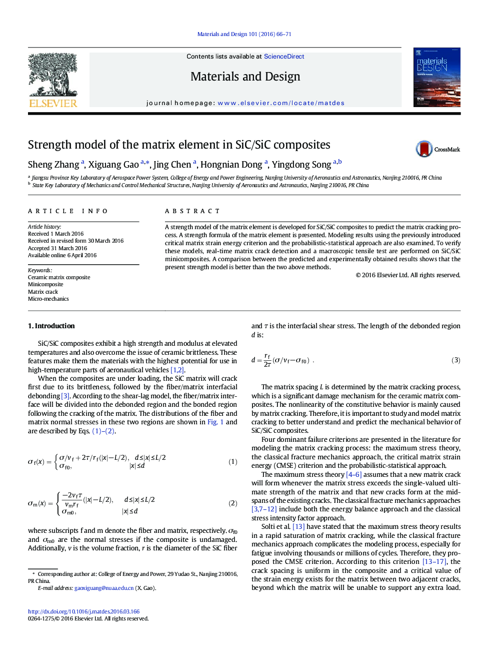 Strength model of the matrix element in SiC/SiC composites