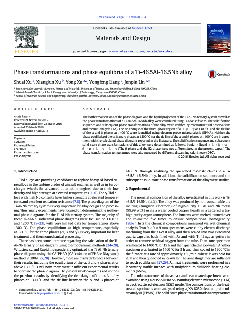 Phase transformations and phase equilibria of a Ti-46.5Al-16.5Nb alloy