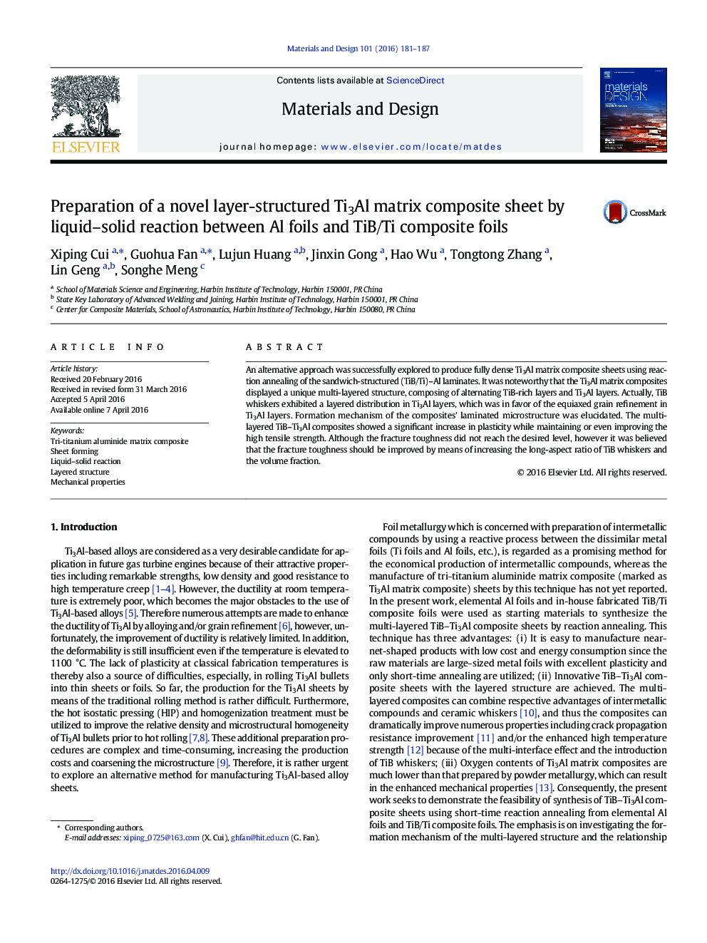 Preparation of a novel layer-structured Ti3Al matrix composite sheet by liquid-solid reaction between Al foils and TiB/Ti composite foils