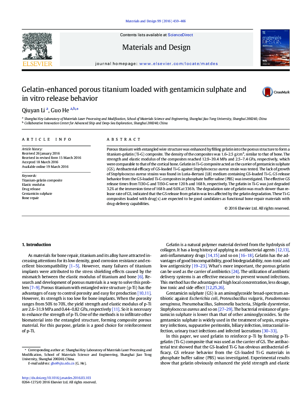 Gelatin-enhanced porous titanium loaded with gentamicin sulphate and in vitro release behavior