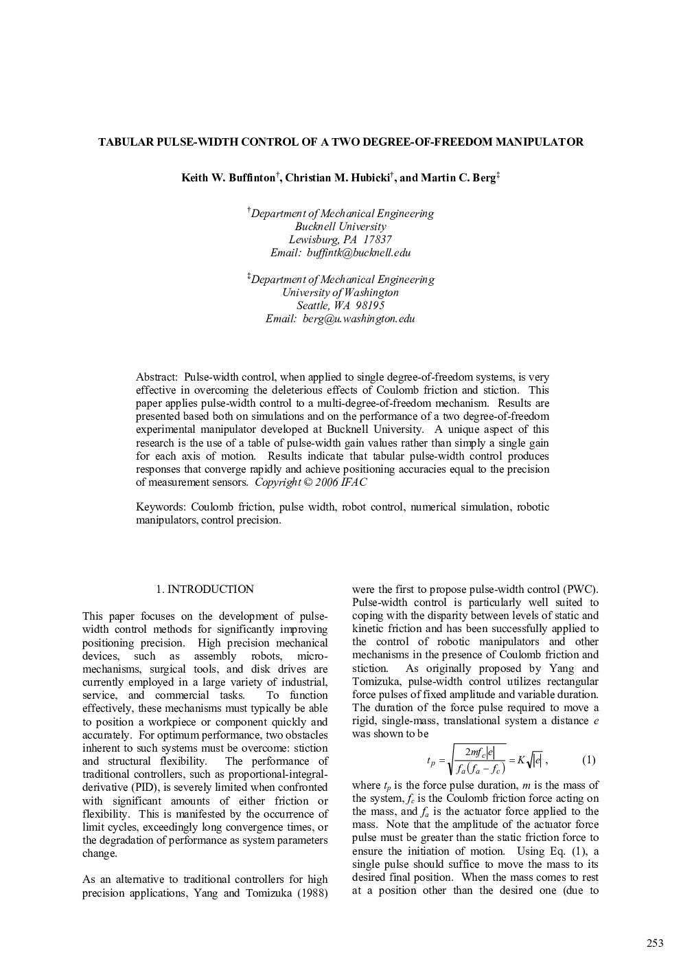 TABULAR PULSE-WIDTH CONTROL OF A TWO DEGREE-OF-FREEDOM MANIPULATOR