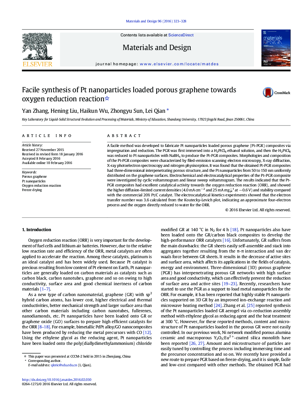 Facile synthesis of Pt nanoparticles loaded porous graphene towards oxygen reduction reaction