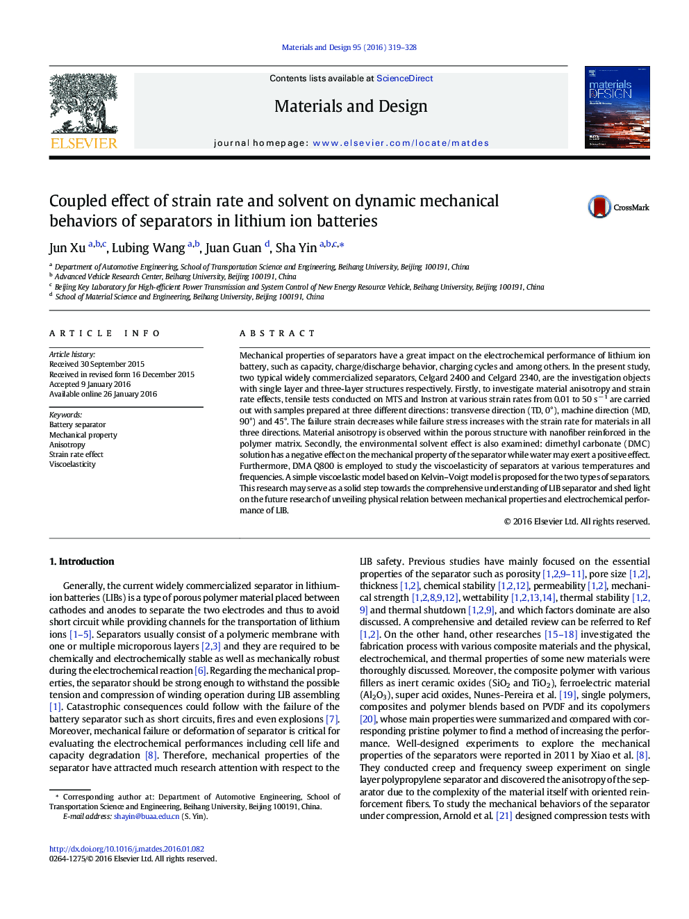 Coupled effect of strain rate and solvent on dynamic mechanical behaviors of separators in lithium ion batteries