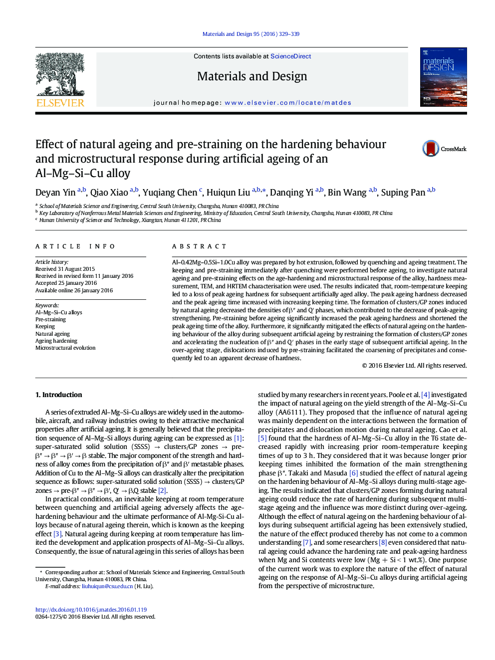 Effect of natural ageing and pre-straining on the hardening behaviour and microstructural response during artificial ageing of an Al-Mg-Si-Cu alloy