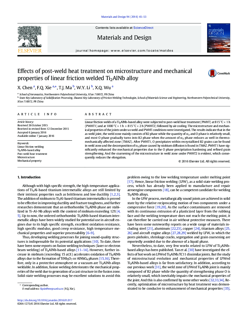 Effects of post-weld heat treatment on microstructure and mechanical properties of linear friction welded Ti2AlNb alloy