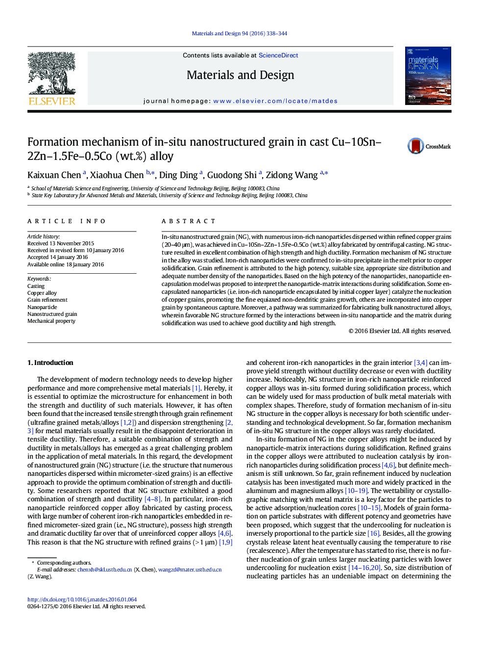 Formation mechanism of in-situ nanostructured grain in cast Cu-10Sn-2Zn-1.5Fe-0.5Co (wt.%) alloy