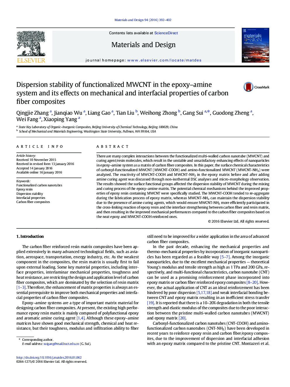 Dispersion stability of functionalized MWCNT in the epoxy-amine system and its effects on mechanical and interfacial properties of carbon fiber composites