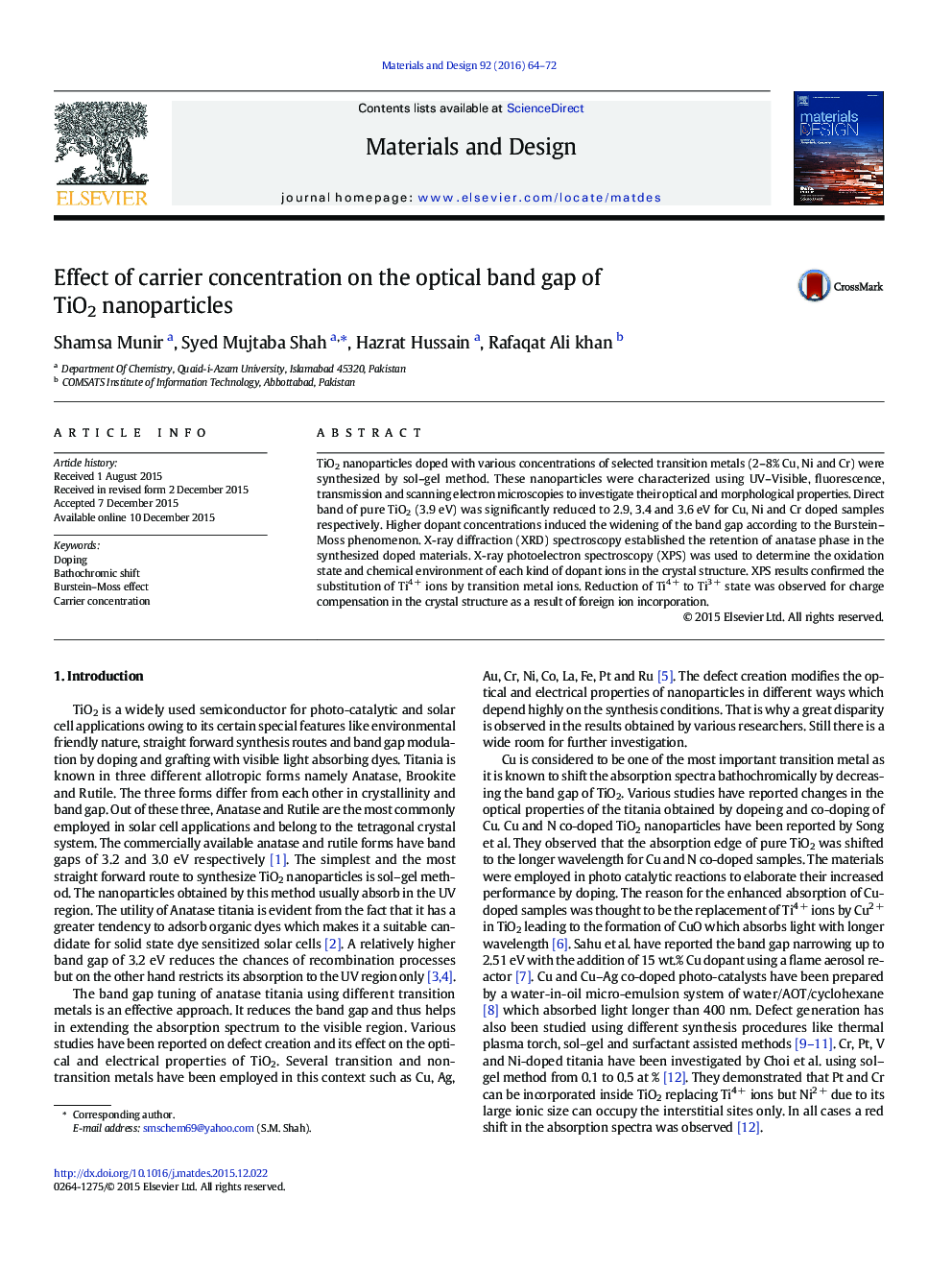 Effect of carrier concentration on the optical band gap of TiO2 nanoparticles