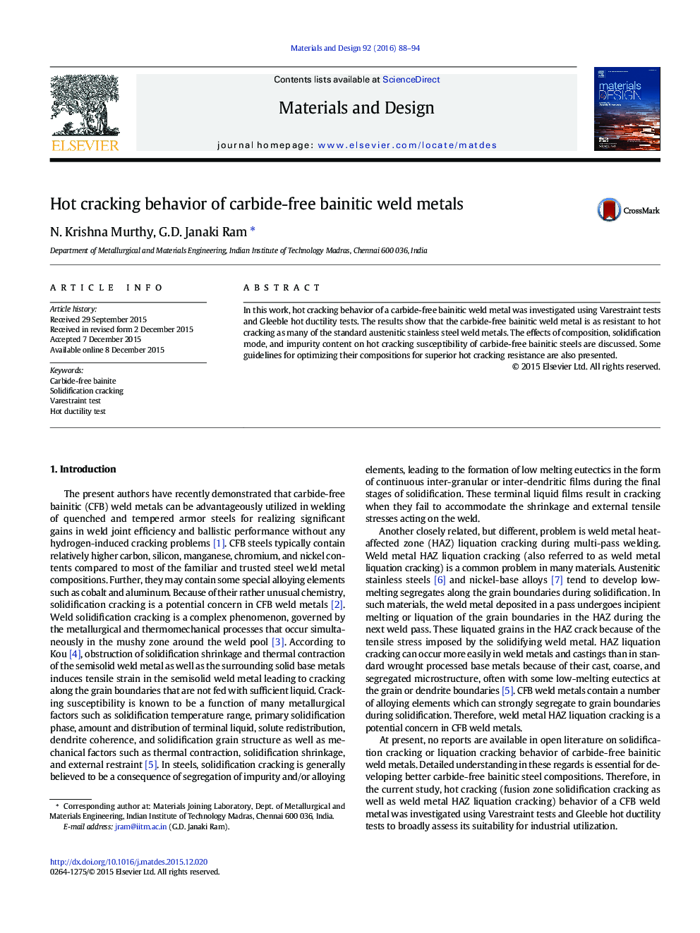 Hot cracking behavior of carbide-free bainitic weld metals