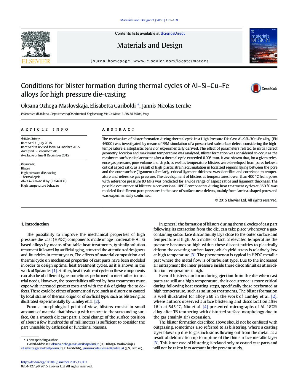 Conditions for blister formation during thermal cycles of Al-Si-Cu-Fe alloys for high pressure die-casting