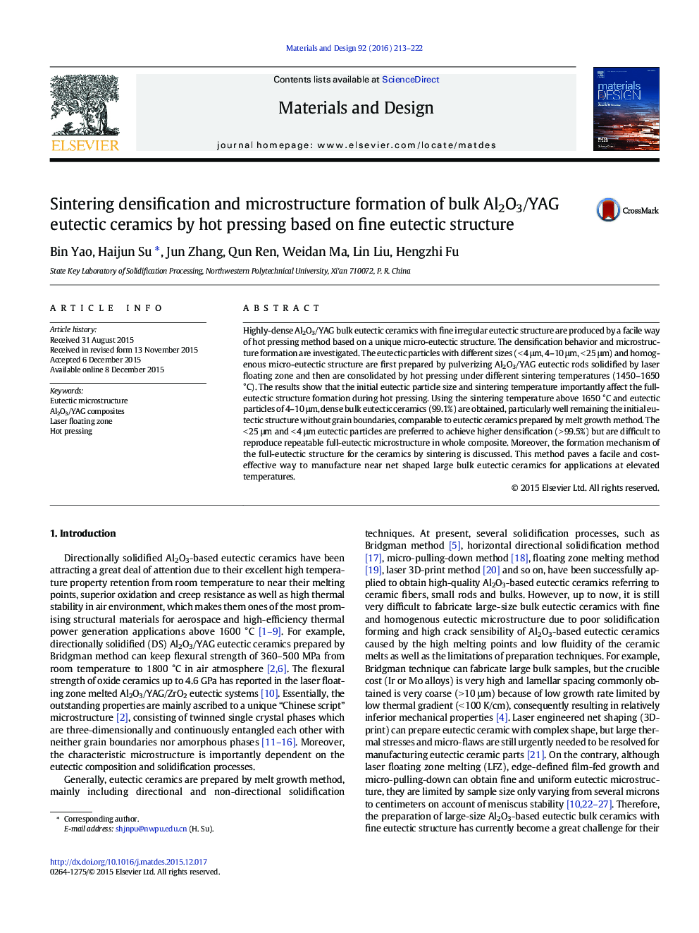 Sintering densification and microstructure formation of bulk Al2O3/YAG eutectic ceramics by hot pressing based on fine eutectic structure