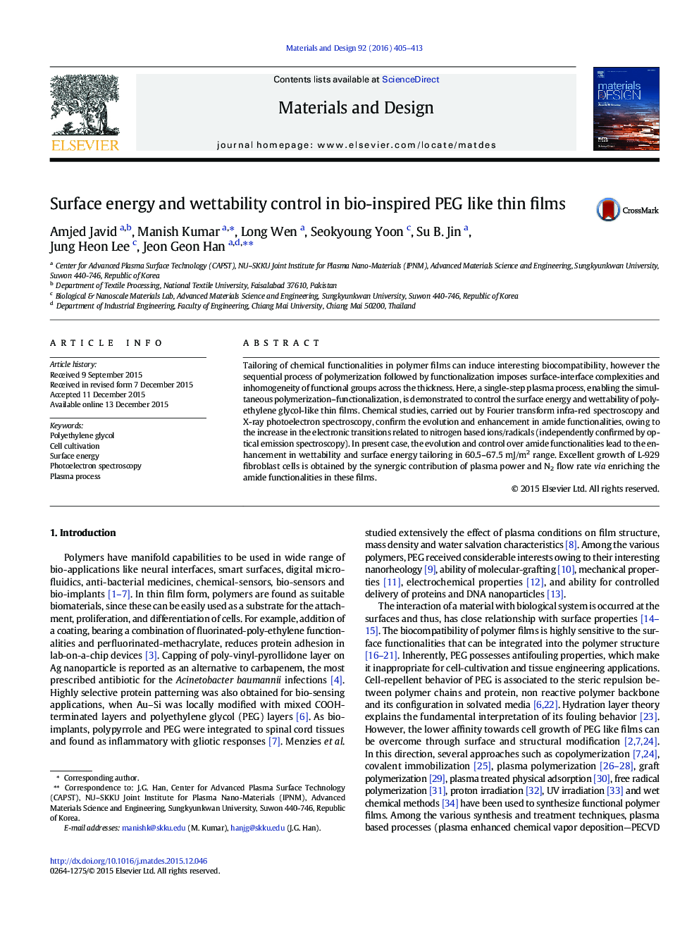 Surface energy and wettability control in bio-inspired PEG like thin films