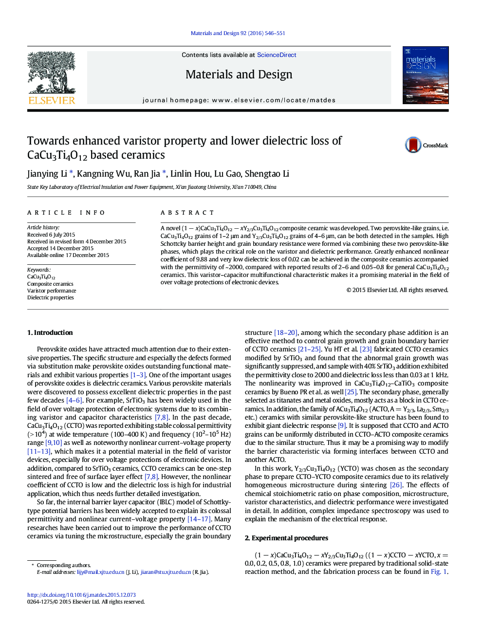 Towards enhanced varistor property and lower dielectric loss of CaCu3Ti4O12 based ceramics