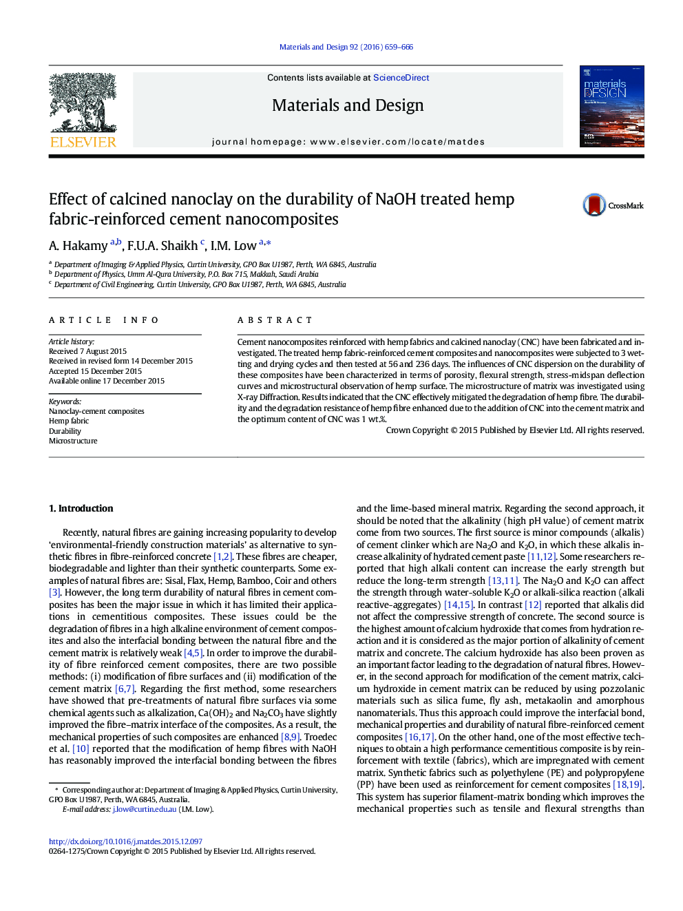 Effect of calcined nanoclay on the durability of NaOH treated hemp fabric-reinforced cement nanocomposites