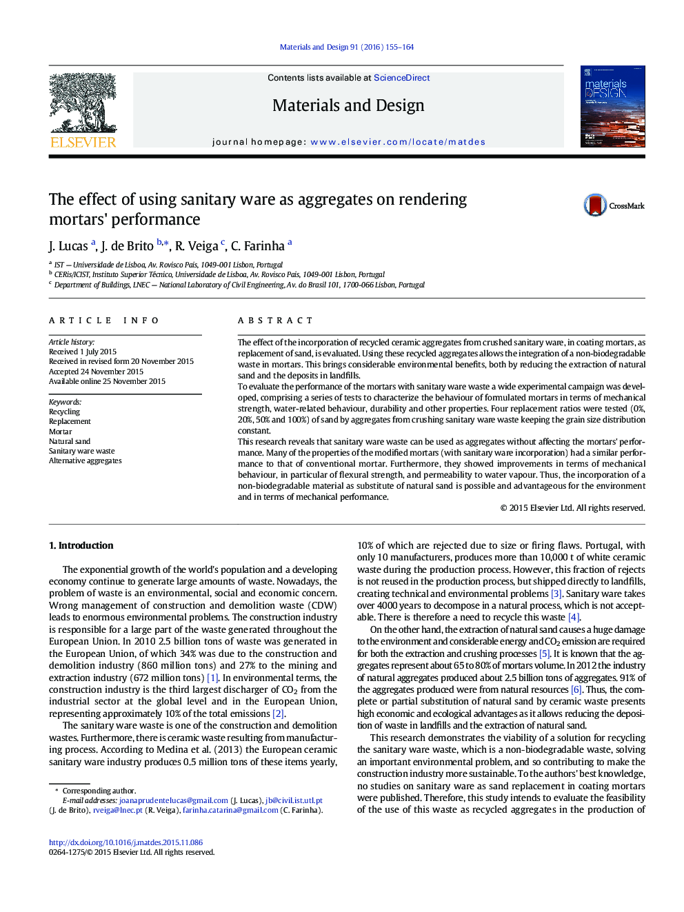 The effect of using sanitary ware as aggregates on rendering mortars' performance