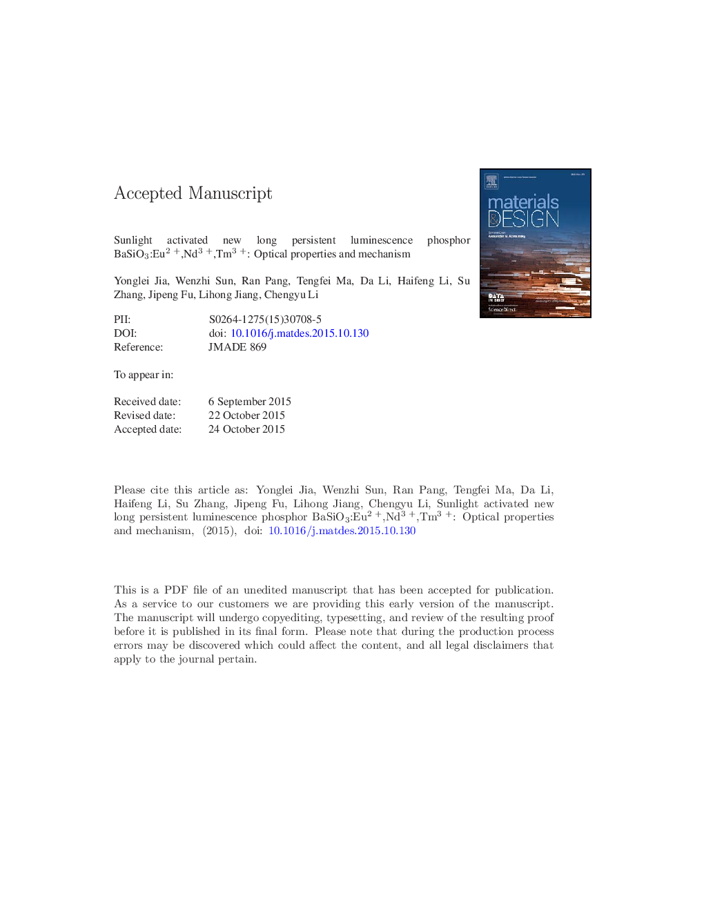 Sunlight activated new long persistent luminescence phosphor BaSiO3:Eu2Â +,Nd3Â +,Tm3Â +: Optical properties and mechanism