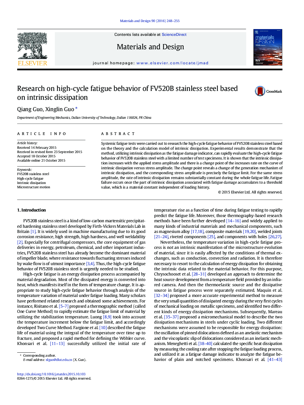 Research on high-cycle fatigue behavior of FV520B stainless steel based on intrinsic dissipation