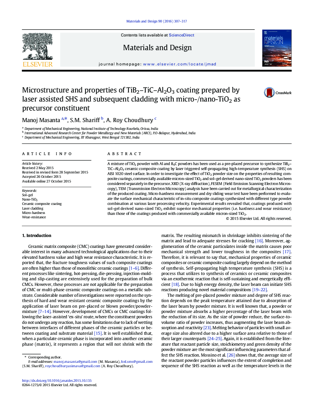 Microstructure and properties of TiB2-TiC-Al2O3 coating prepared by laser assisted SHS and subsequent cladding with micro-/nano-TiO2 as precursor constituent