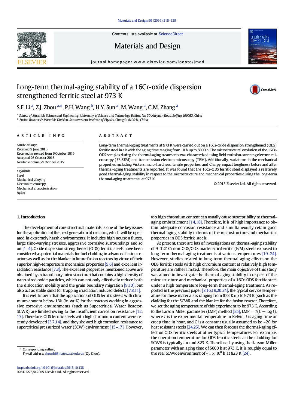 Long-term thermal-aging stability of a 16Cr-oxide dispersion strengthened ferritic steel at 973Â K