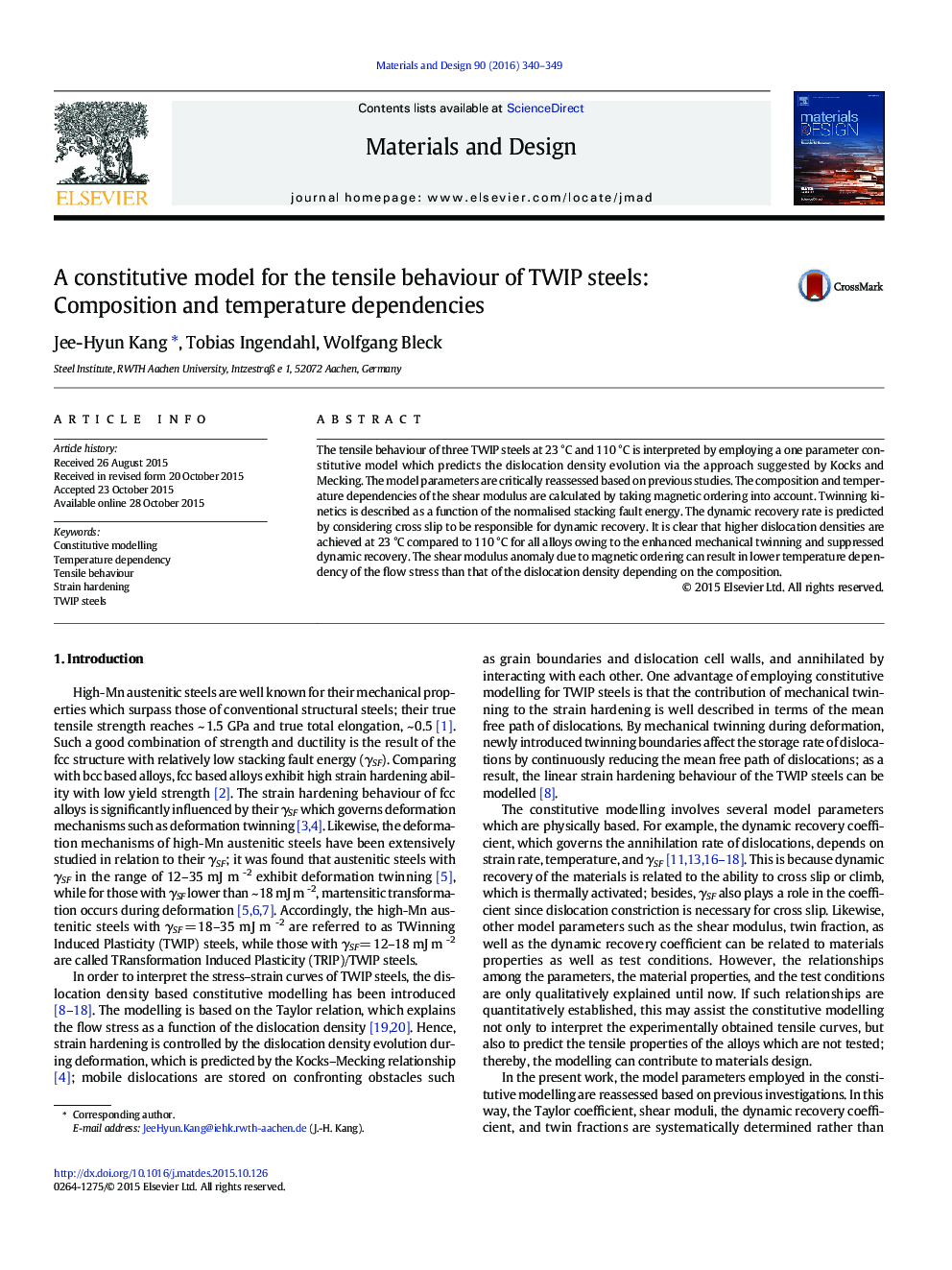 A constitutive model for the tensile behaviour of TWIP steels: Composition and temperature dependencies