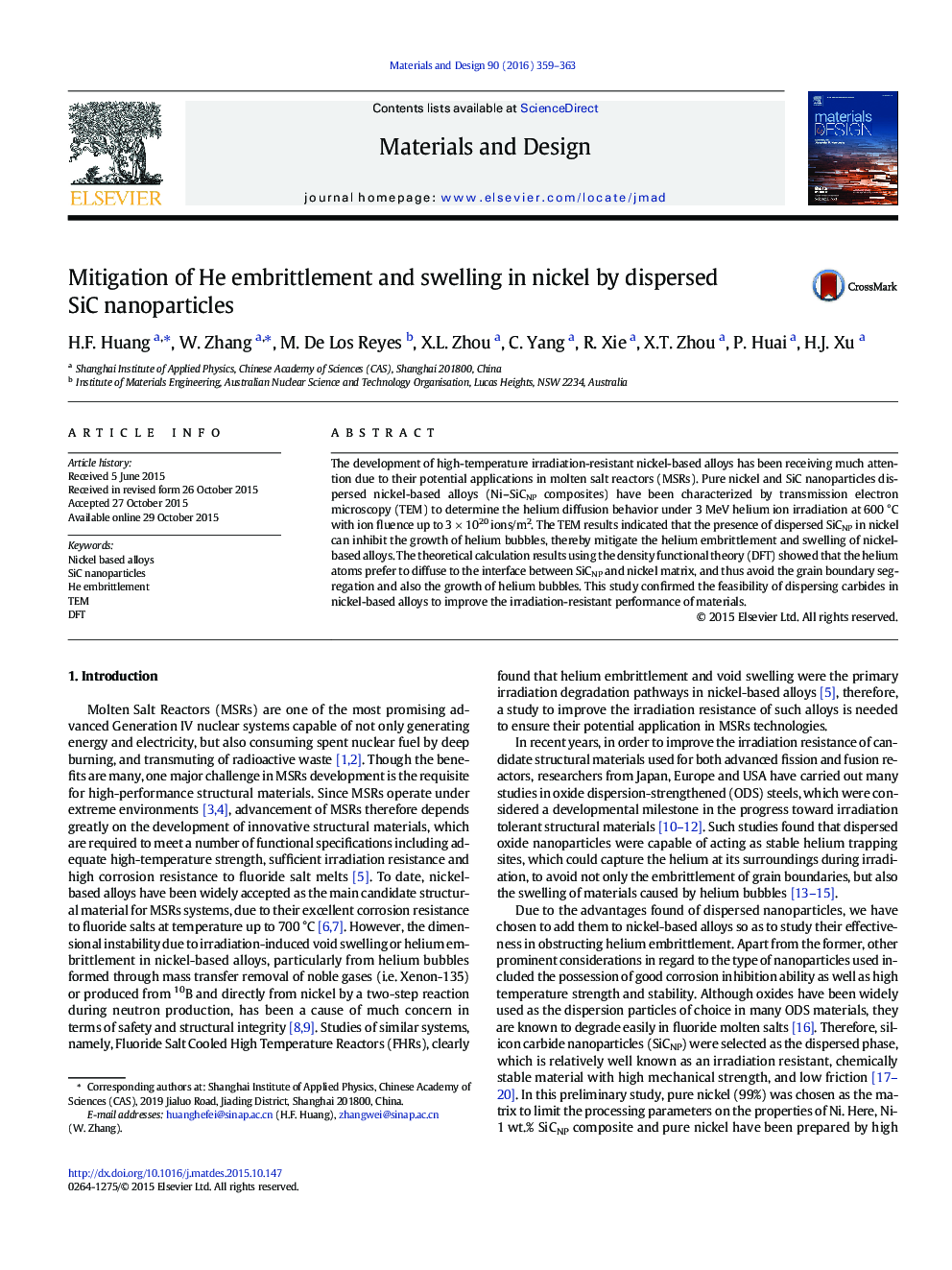 Mitigation of He embrittlement and swelling in nickel by dispersed SiC nanoparticles