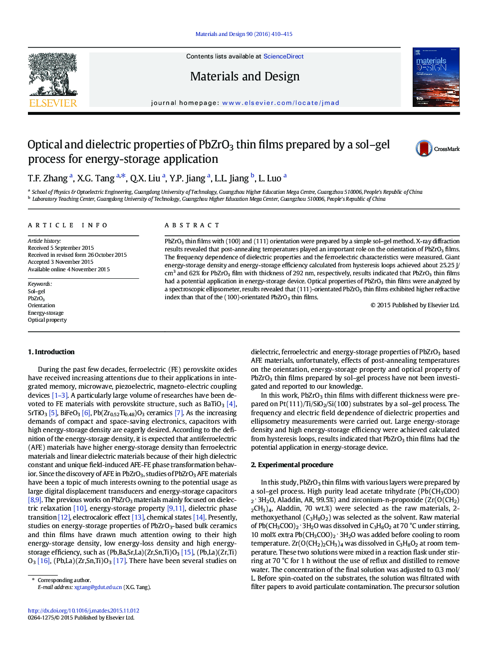 Optical and dielectric properties of PbZrO3 thin films prepared by a sol-gel process for energy-storage application