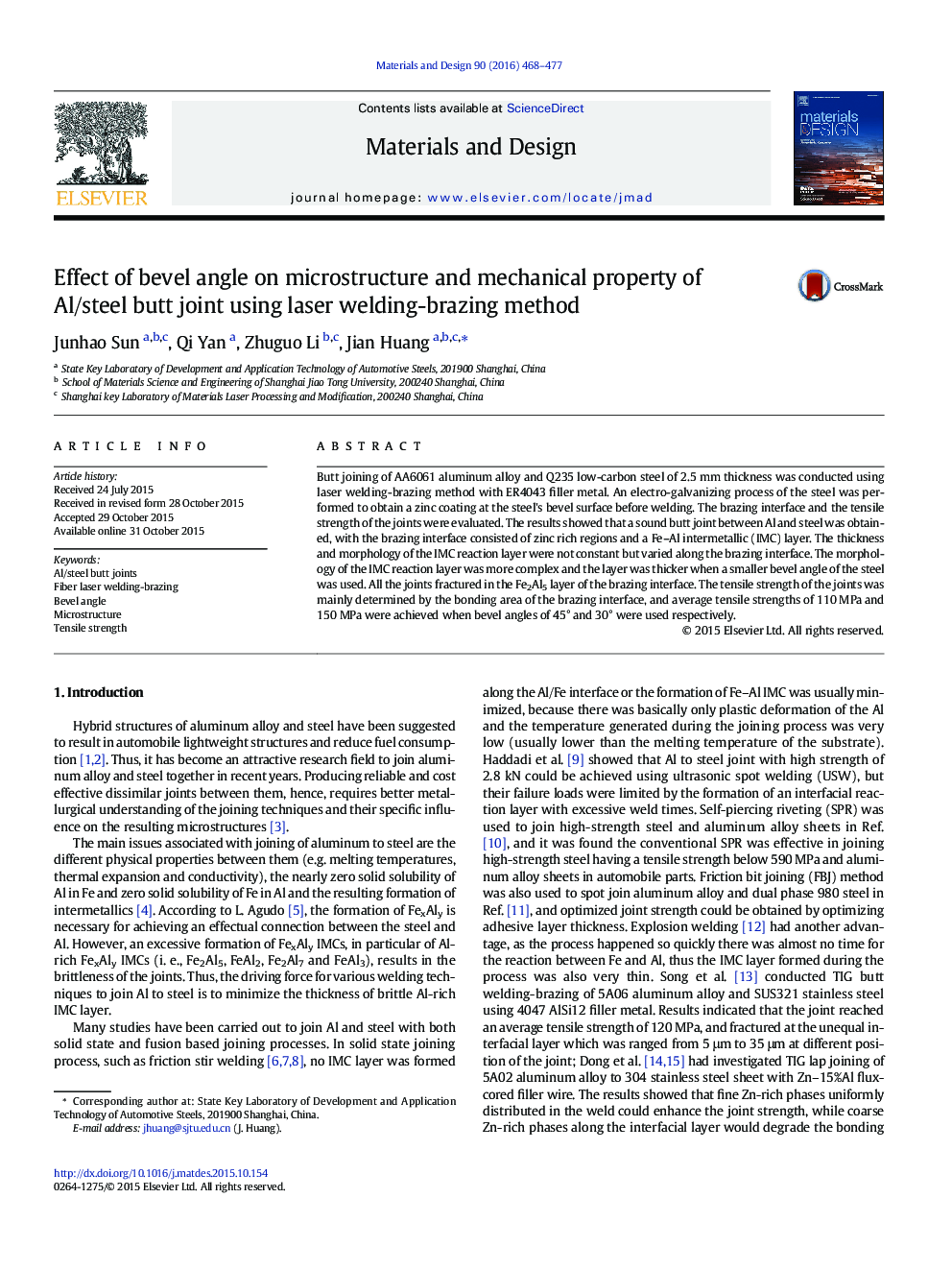 Effect of bevel angle on microstructure and mechanical property of Al/steel butt joint using laser welding-brazing method