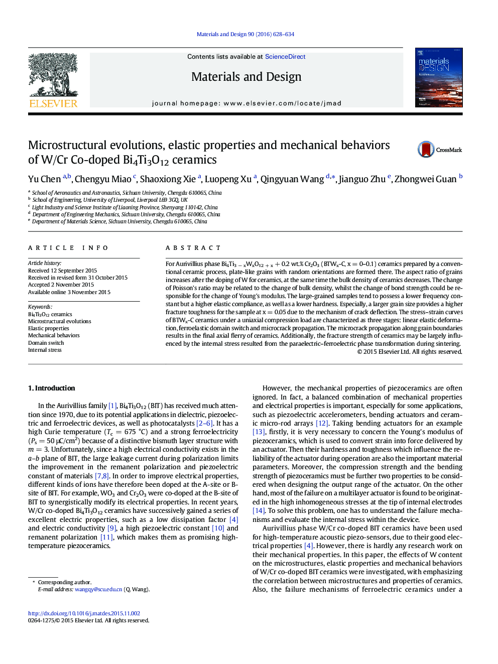 Microstructural evolutions, elastic properties and mechanical behaviors of W/Cr Co-doped Bi4Ti3O12 ceramics