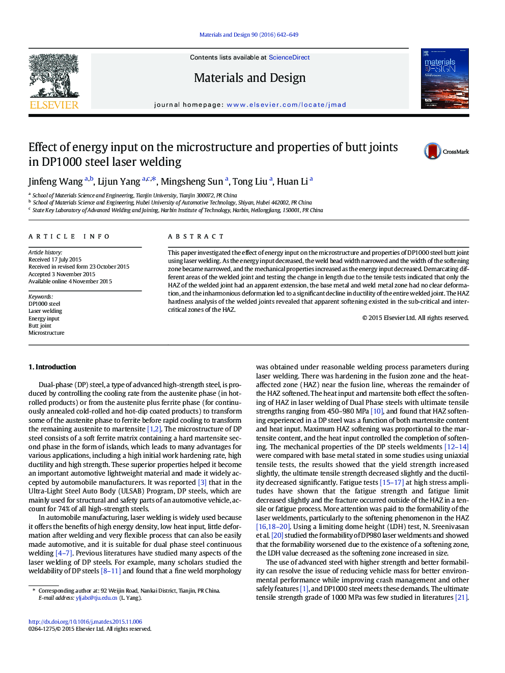 Effect of energy input on the microstructure and properties of butt joints in DP1000 steel laser welding