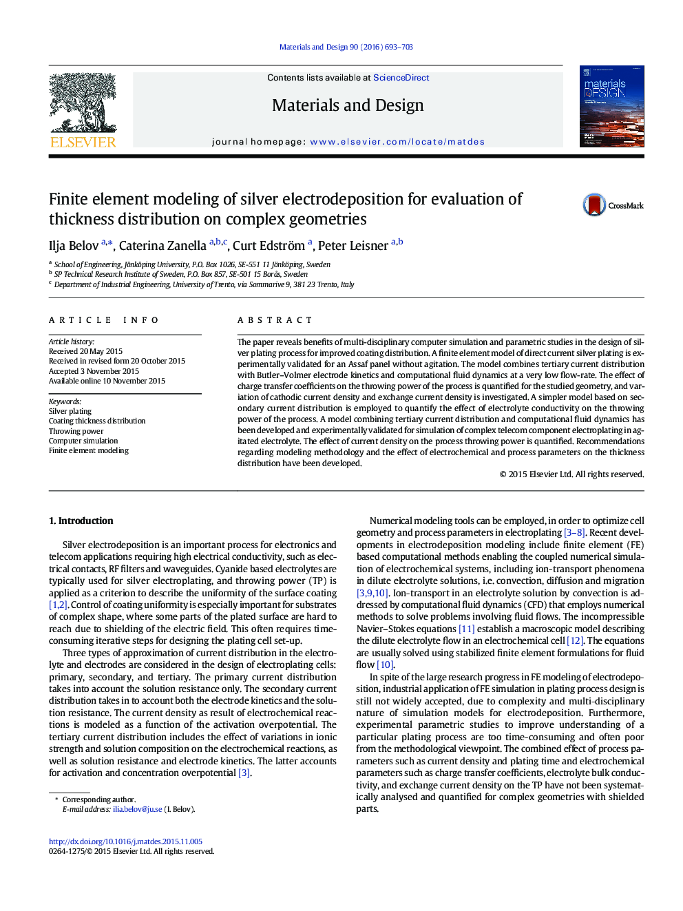 Finite element modeling of silver electrodeposition for evaluation of thickness distribution on complex geometries