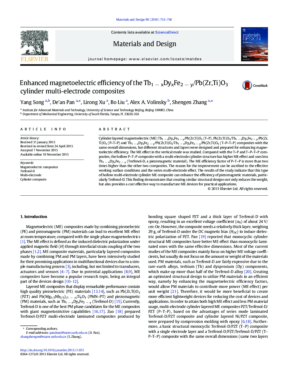 Enhanced magnetoelectric efficiency of the Tb1Â âÂ xDyxFe2Â âÂ y/Pb(Zr,Ti)O3 cylinder multi-electrode composites