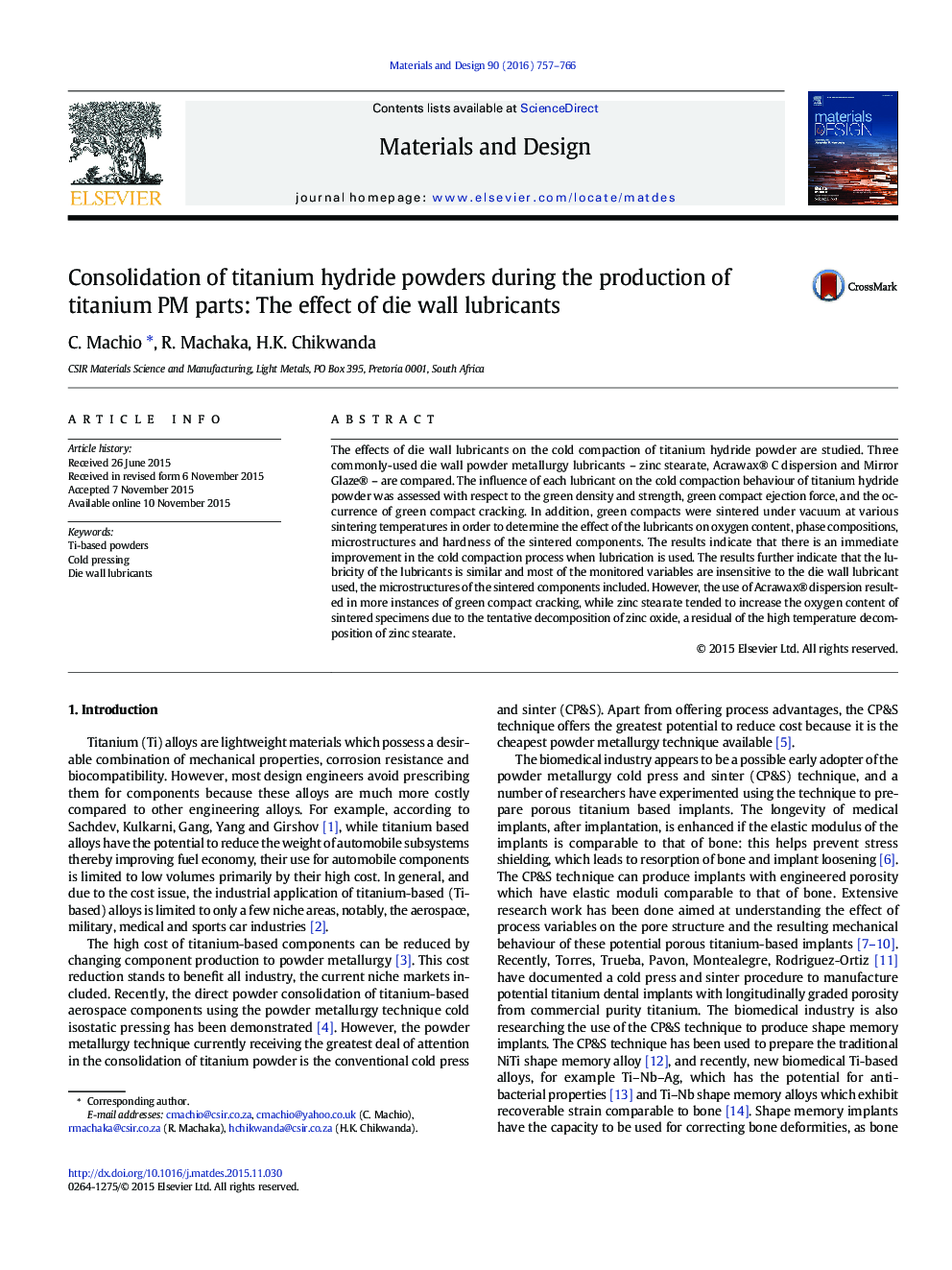 Consolidation of titanium hydride powders during the production of titanium PM parts: The effect of die wall lubricants