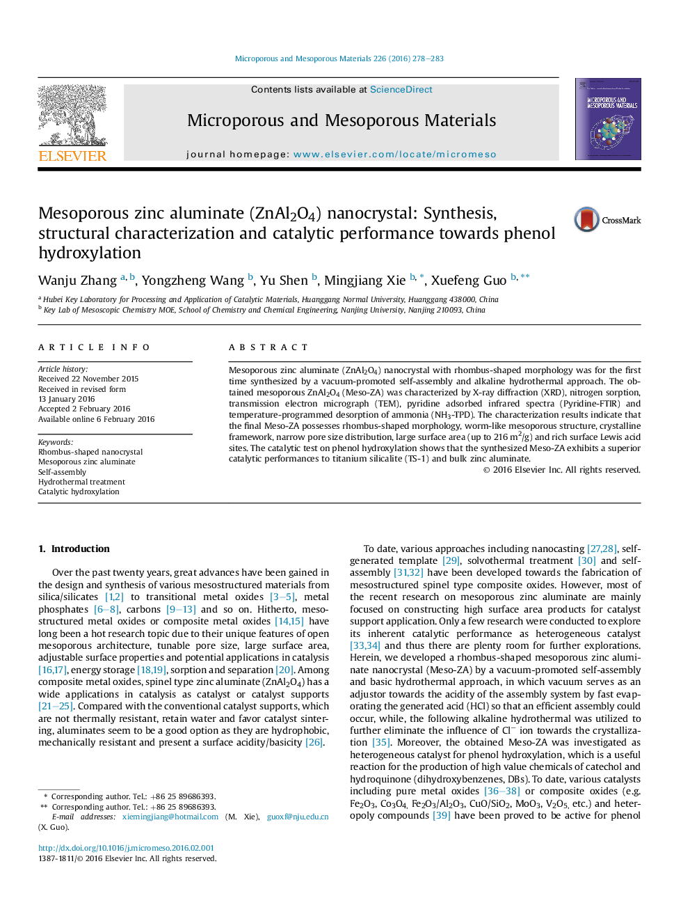 Mesoporous zinc aluminate (ZnAl2O4) nanocrystal: Synthesis, structural characterization and catalytic performance towards phenol hydroxylation