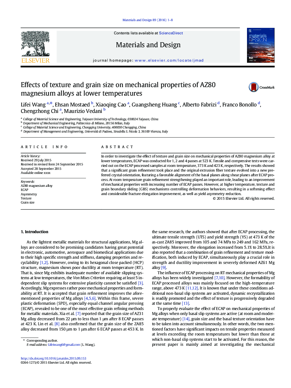 Effects of texture and grain size on mechanical properties of AZ80 magnesium alloys at lower temperatures